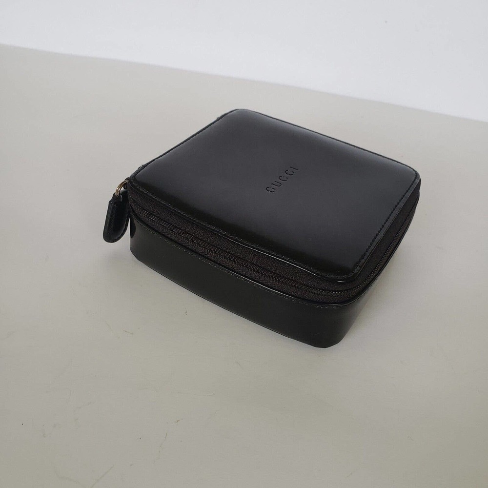 Gucci Black Smooth Leather Square Case Cosmetic Bag Pouch Zip Around 4x5" - Picture 2 of 11